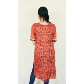 Aartyz Chanderi Warli Printed Kurti in Half N Half Pattern | Red