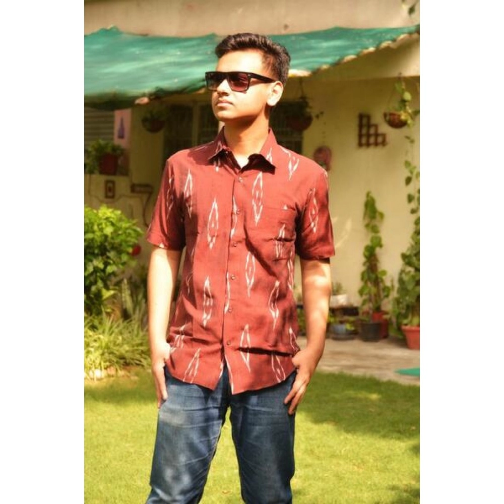 Aartyz Half Sleeves Men’s Dark Red Shirt Beautifully Hand Crafted In Ikat Premium Cotton Fabric