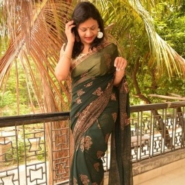 Aartyz Block Printed Georgette Saree | Green and Copper