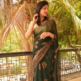 Aartyz Block Printed Georgette Saree | Green and Copper