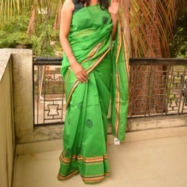 Aartyz Block Printed Silk Saree | Parrot Green