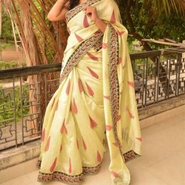 Aartyz Block Printed Raw silk Saree | Pista and Maroon