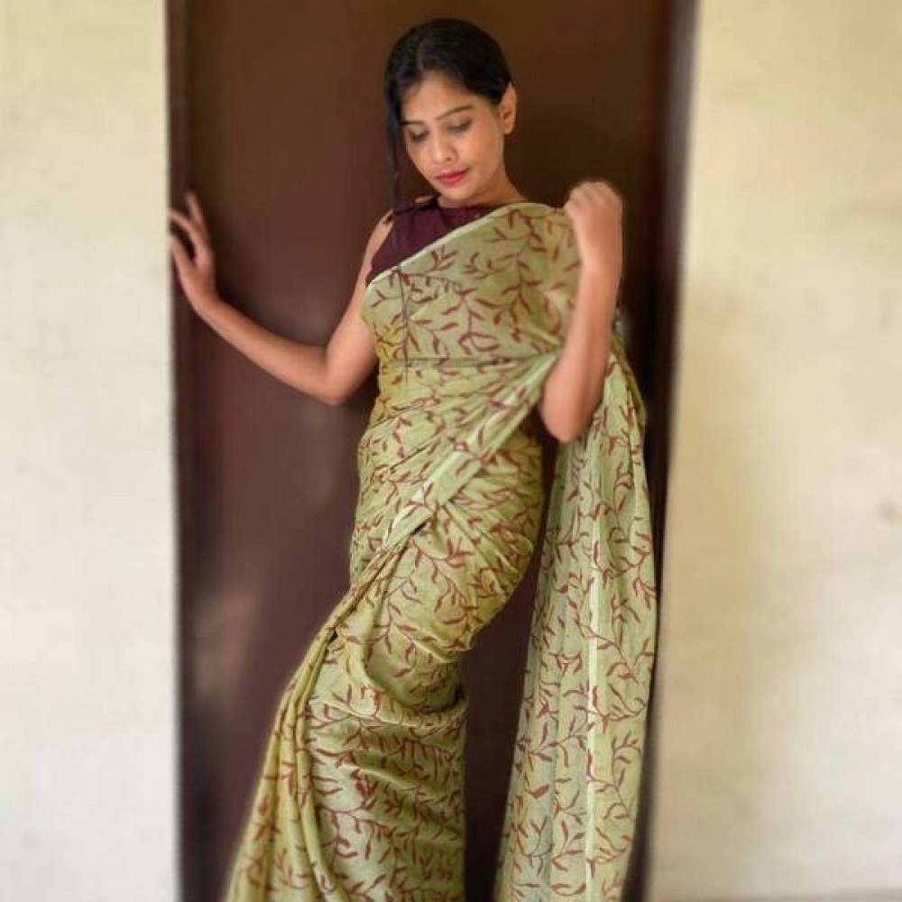 Aartyz Block Printed Georgette Saree | Seaweed and Maroon