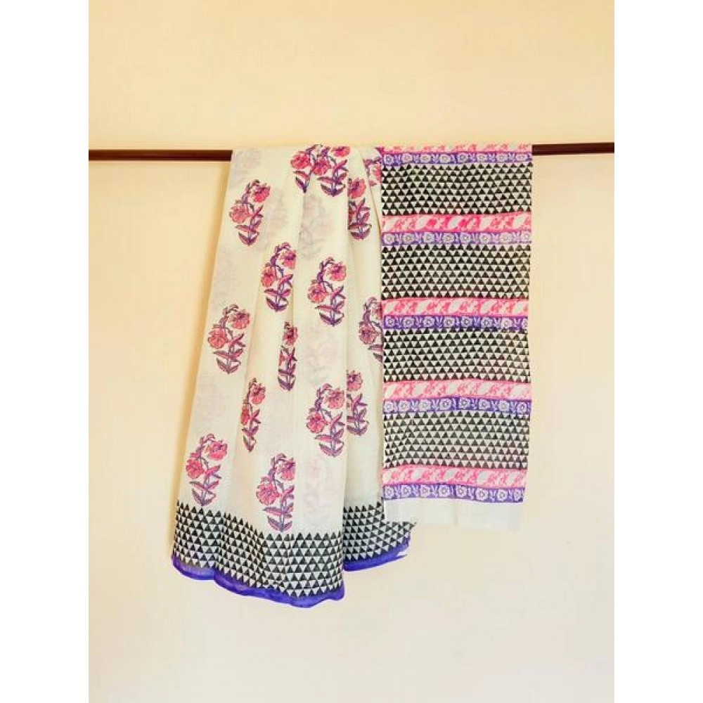 Aartyz Floral Printed Cotton Saree | White