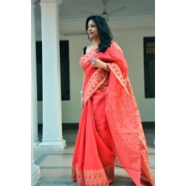 Aartyz Chanderi Cotton Saree | Peach and Metallic