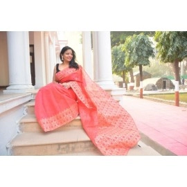 Aartyz Chanderi Cotton Saree | Peach and Metallic