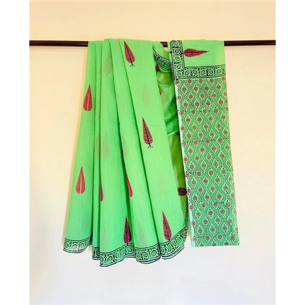 Aartyz Chanderi Hand Block Printed Green Saree