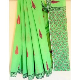Aartyz Chanderi Hand Block Printed Green Saree