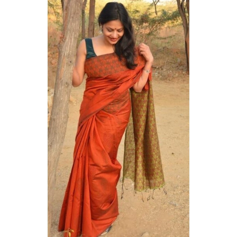 RED KOLKATA COTTON PLAIN SAREE - Karghanee