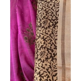 Aartyz Hand Block Printed Saree In Linen Cotton Silk