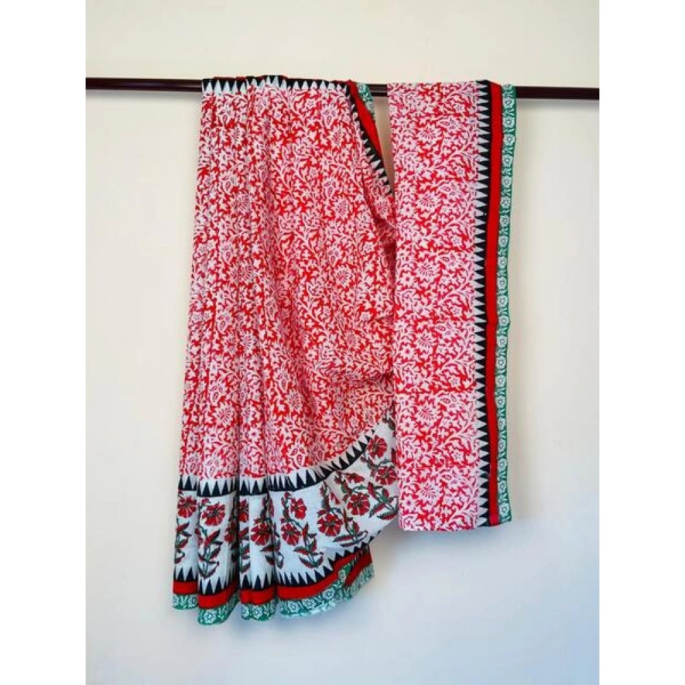 Aartyz Red and White Hand Block Printed Cotton Saree