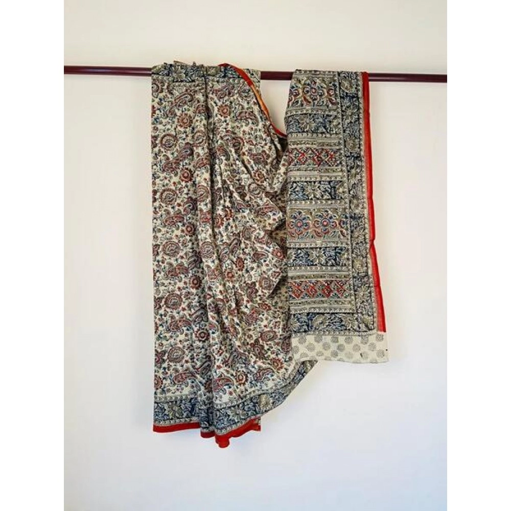 Aartyz Floral Pint Cotton Saree | Cream, Red and Black