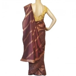 Aartyz Golden Floral Printed Raw Silk Saree