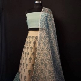 Aartyz Cream Printed Chanderi Long Skirt | Sky Blue