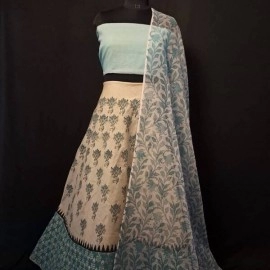 Aartyz Cream Printed Chanderi Long Skirt | Sky Blue