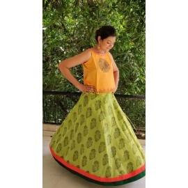 Aartyz Floral Buty Printed Skirt In Green Hue With Double Layered Borders