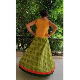 Aartyz Floral Buty Printed Skirt In Green Hue With Double Layered Borders