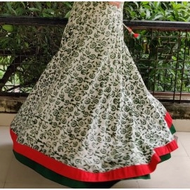 Aartyz Chanderi Skirt With Green Floral Prints And Red & Green Overlapping Borders