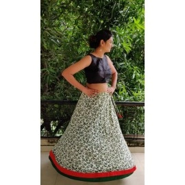 Aartyz Chanderi Wrap Around Skirt With Green Floral Prints And Red & Green Overlapping Borders