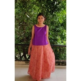 Aartyz Peach Overall Block Printed Wrap Around Skirt