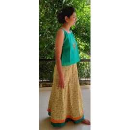 Aartyz Block Printed Yellow Skirt With Orange And Turquoise Overlapping Borders