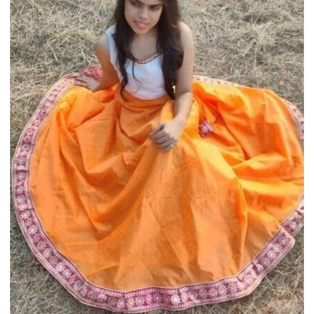 Aartyz Chanderi Orange Wrap Around Skirt With Golden Border