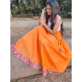 Aartyz Chanderi Orange Wrap Around Skirt With Golden Border