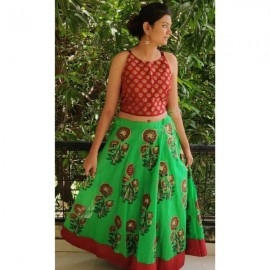 Aartyz Ethnic Block Printed Skirt In Parrot Green Color With Red Border