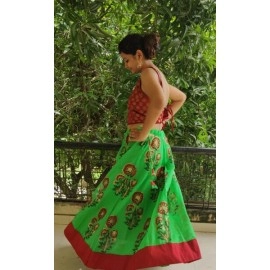 Aartyz Ethnic Block Printed Skirt In Parrot Green Color With Red Border