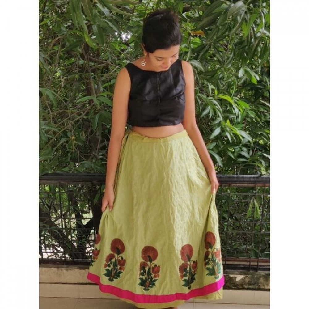 Aartyz Green Self Print Silk Skirt With Pink Border Kali Pattern