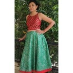 Aartyz Green Skirt With Silver Overall Print And Contrast Red Border