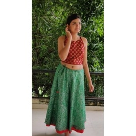 Aartyz Green Skirt With Silver Overall Print And Contrast Red Border