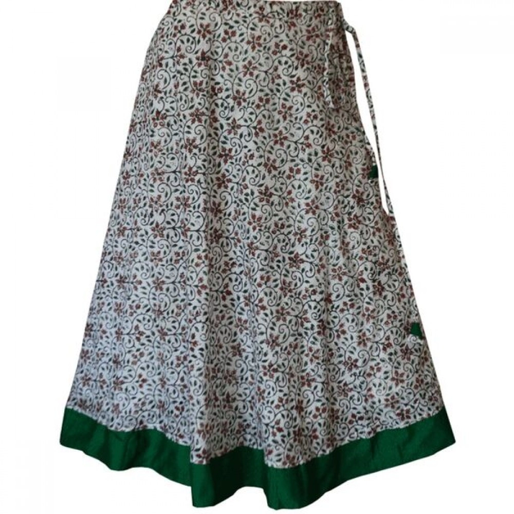 Aartyz White Printed With Green Border Chanderi Long Skirt