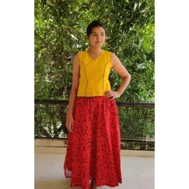 Aartyz Bright Red Chanderi Wrap Around Skirt With Black Leafy Print