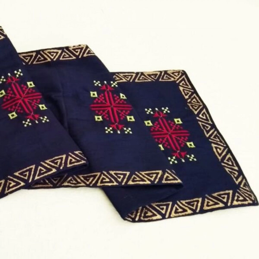 Aartyz Navy Blue Silk Runner With Embroidery and Hand Block Print | Large Size 