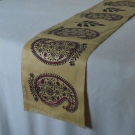 Aartyz Cream Block Printed Silk Runner