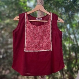 Aartyz Designer Plain Maroon Top With Hand Block Printed Yoke