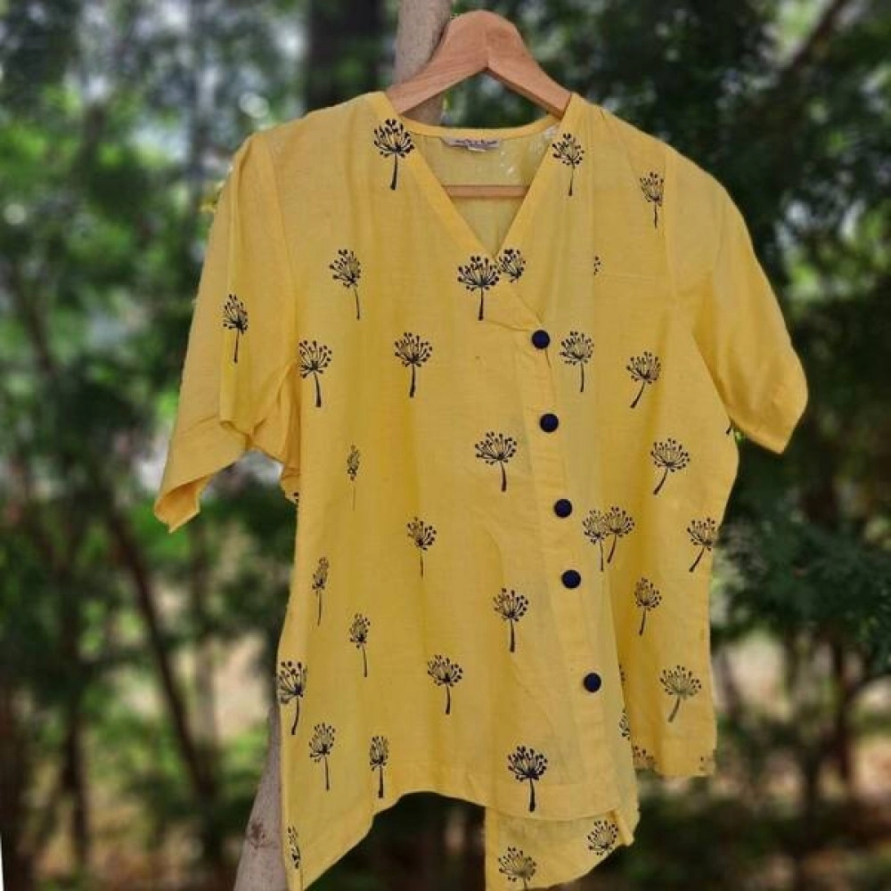 Aartyz Yellow Cotton Top With Hand Block Prints