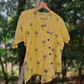 Aartyz Yellow Cotton Top With Hand Block Prints