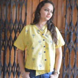 Aartyz Yellow Cotton Top With Hand Block Prints