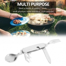 4-in-1 Stainless Steel Travel / Camping Folding Multi Swiss Cutlery Set