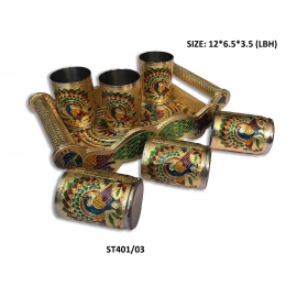 Peacock Design Glass with Handle and Handicraft Serving Tray Set