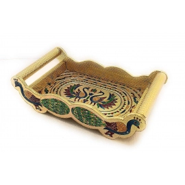 Peacock Design Glass with Handle and Handicraft Serving Tray Set