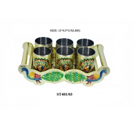 Peacock Design Glass with Handle and Handicraft Serving Tray Set