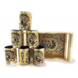 Peacock Design Glass with Handle and Handicraft Serving Tray Set