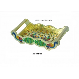 Peacock Design Glass with Handle and Handicraft Serving Tray Set