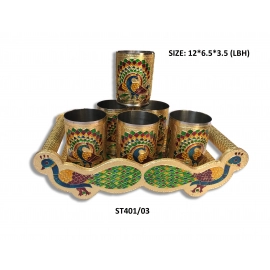 Peacock Design Glass with Handle and Handicraft Serving Tray Set