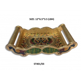Peacock Design Glass with Handle and Handicraft Serving Tray Set