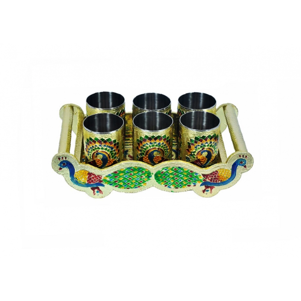 Peacock Design Glass with Handle and Handicraft Serving Tray Set