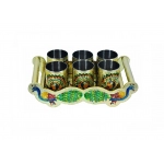 Peacock Design Glass with Handle and Handicraft Serving Tray Set